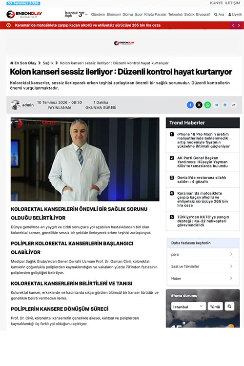 Kolon kanseri sessiz ilerliyor: Düzenli kontrol hayat kurtarıyor